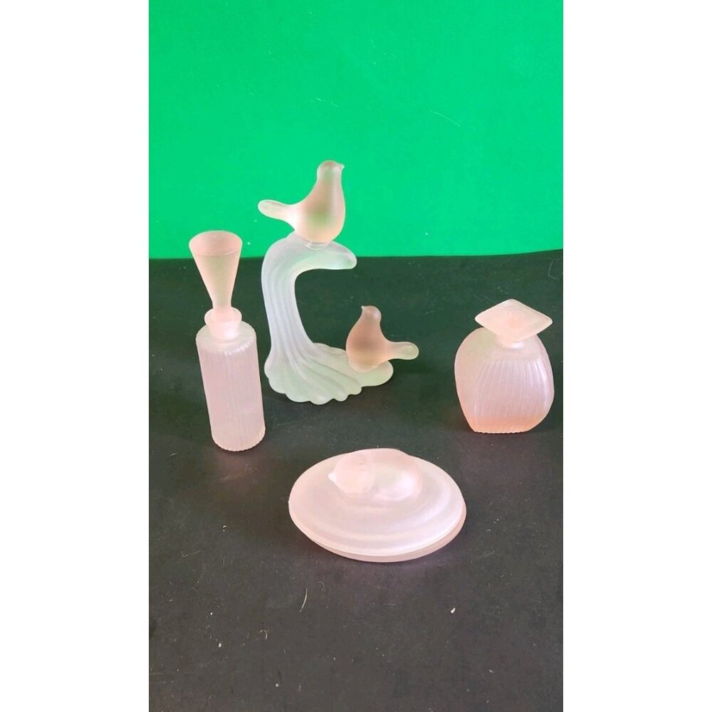 Vintage Pink Satin Glass  Set Including Trinket Box, Birds on Branch, 2 Perfume